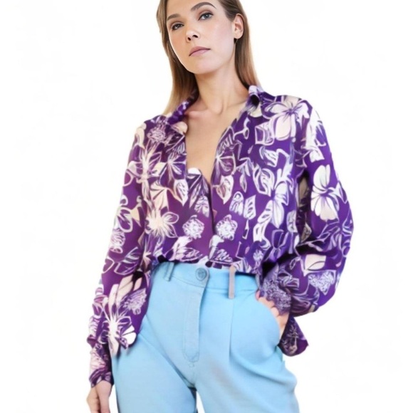 Alfred Dunner Heavy Shirt/Light Jacket Purple Hawaiian Floral Print Women Sz 14 - Picture 6 of 6